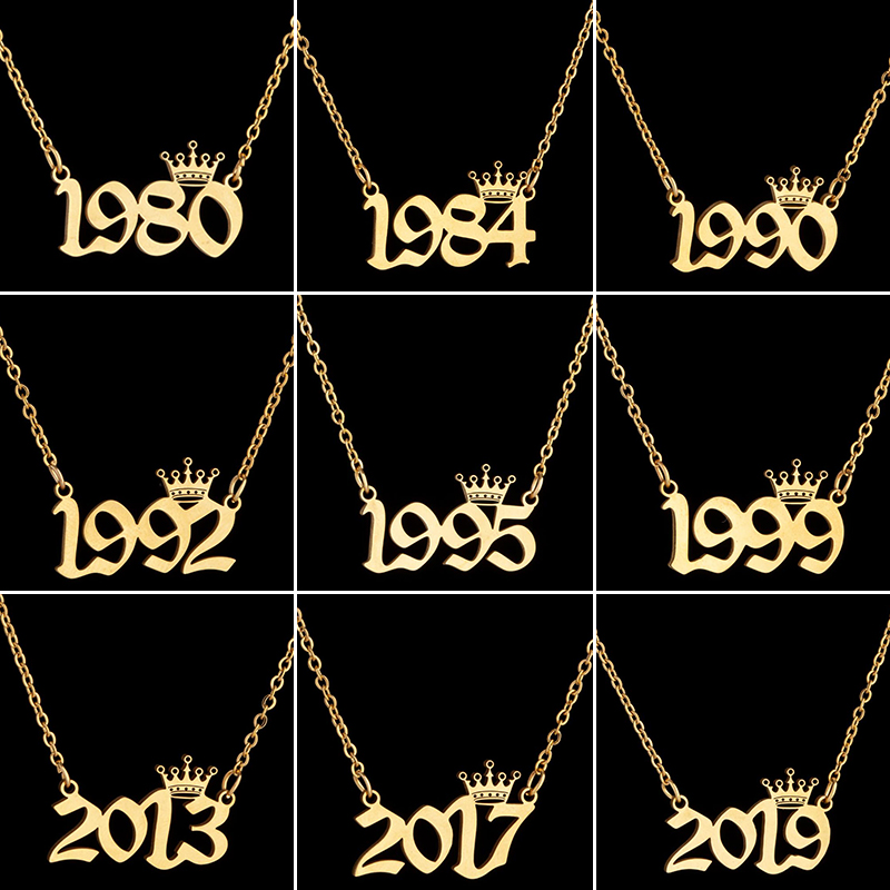 Women'S Fashion Year 2000 - ステンレス鋼クラウン年番号ネックレス女性男性誕生特別な日付 1985 1990 1996 2000 誕生日ギフト