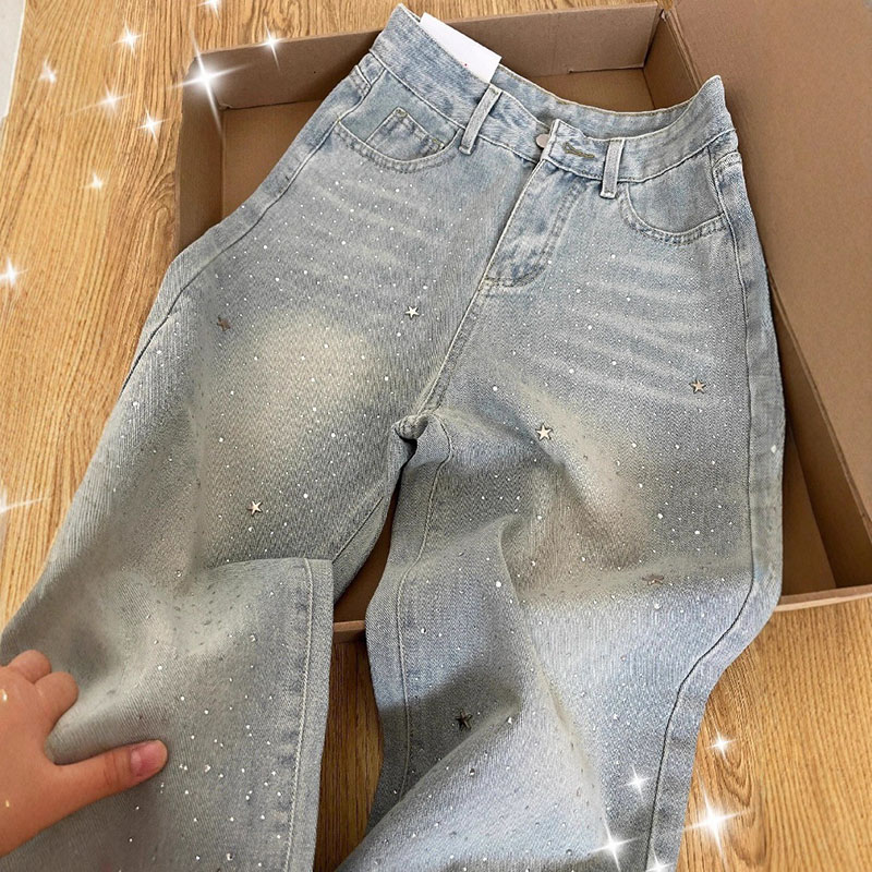Mom Jeans Women - エレガントなライトブルーのビーズ付きストレートデニムパンツ、女性用ハイウエストスリムフィットワイドレッグロングパンツ
