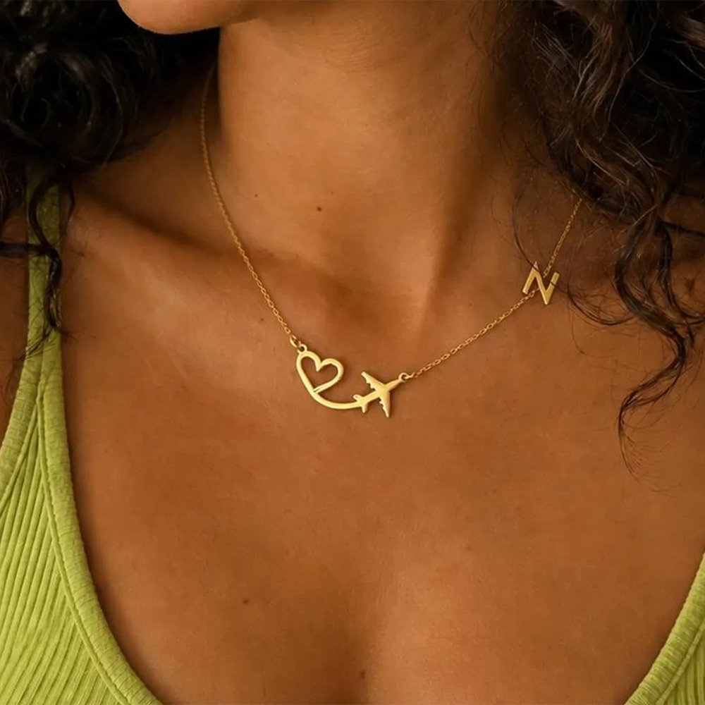 Women Fashion Names - パーソナライズされたハート飛行機イニシャルペンダントネックレス女性用カスタムレターステンレススチールジュエリーママ誕生日クリスマス