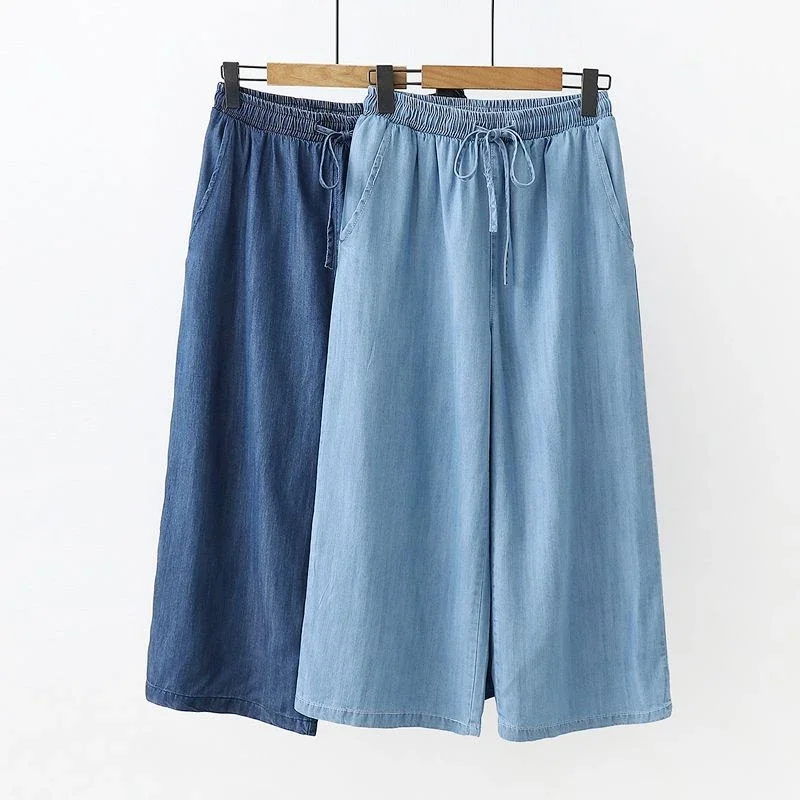 Mom Jeans Women - ファッションコットンブルーカーフレングスジーンズパンツママ弾性ウエストストレートパンツ女性夏ハイウエスト巾着ワイドレッグパンツ