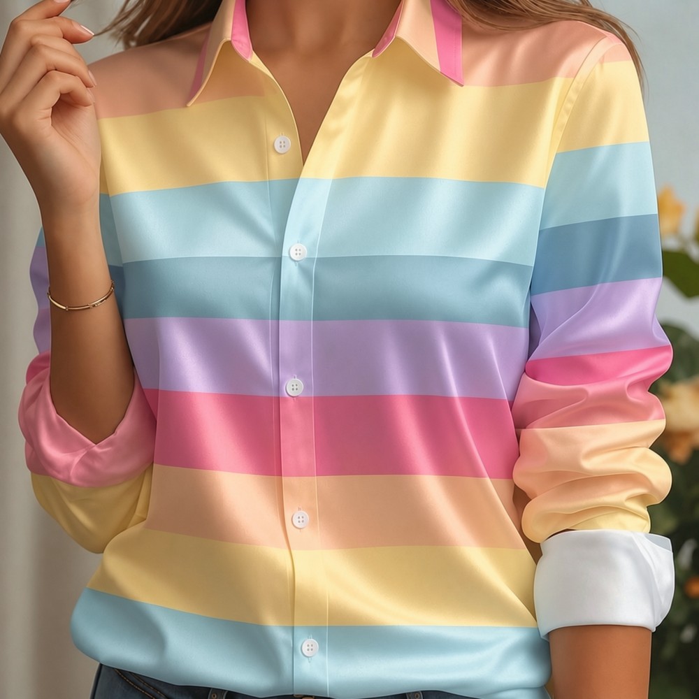 Women'S Fashion Day - 女性用サテンラペルカラーシャツ、パステルストライププリント、長袖ルーズブラウス、エレガントオフィスデイリーカジュアル、ボタンフロント、シルクのような肌触り