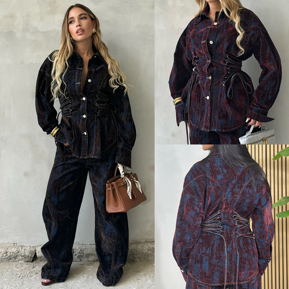 Women'S Fashion Denim Jacket - レディースデザインセンスのあるドローストリングフロッキーカラーブロックデニムジャケット春秋ファッションエレガントワイドレッグパンツ2ピースデニムセット