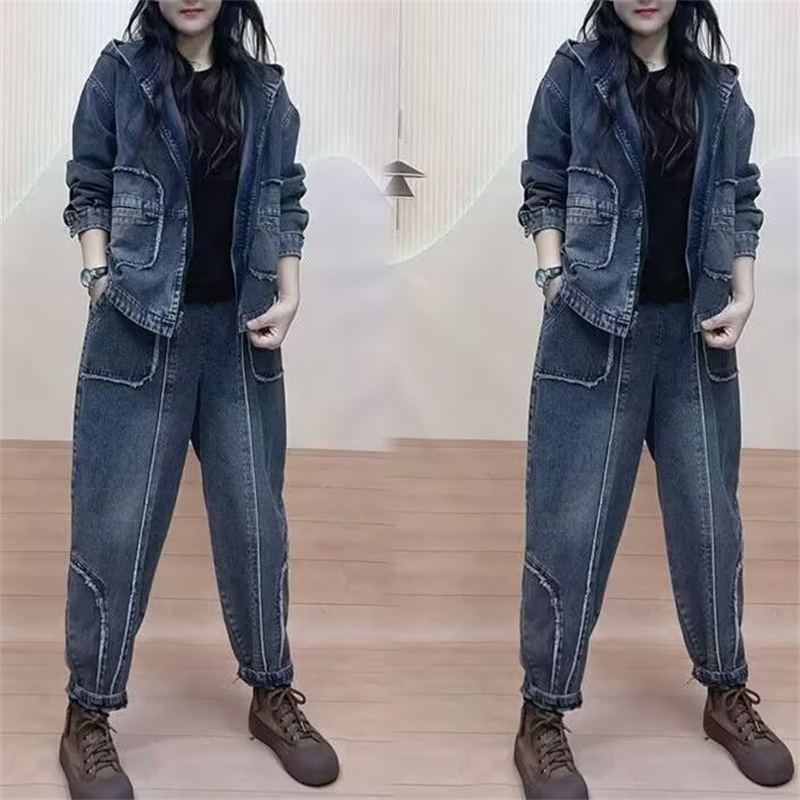 Women'S Fashion Denim Jacket - 女性のためのフード付きデニムジャケットスーツ,ツーピースセット,ジーンズ,コート,カジュアルウェア,ファッション,秋,春,新しい2024