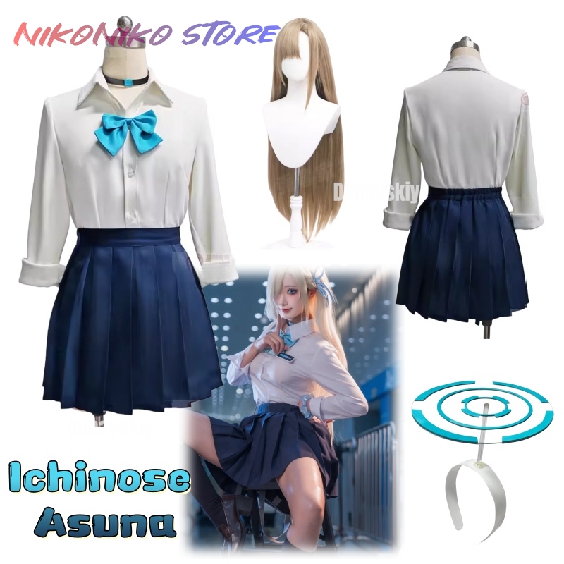 Pleated Skirt Women - ゲームブルーアーカイブコスプレ一ノ瀬アスナ衣装衣装白シャツネイビープリーツスカートJK日常着ハロウィンコミコン女性