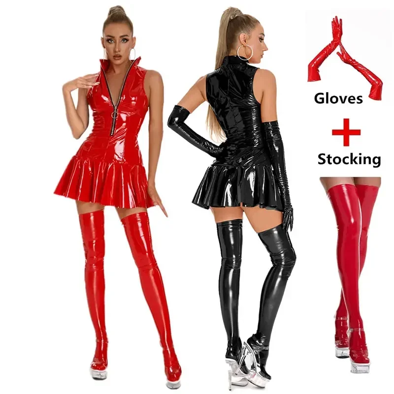 Pleated Skirt Women - レディースレザードレスプラスサイズ女性セクシー光沢PVCラテックスミニスカート、グローブとストッキング付き、ポールダンスプリーツ