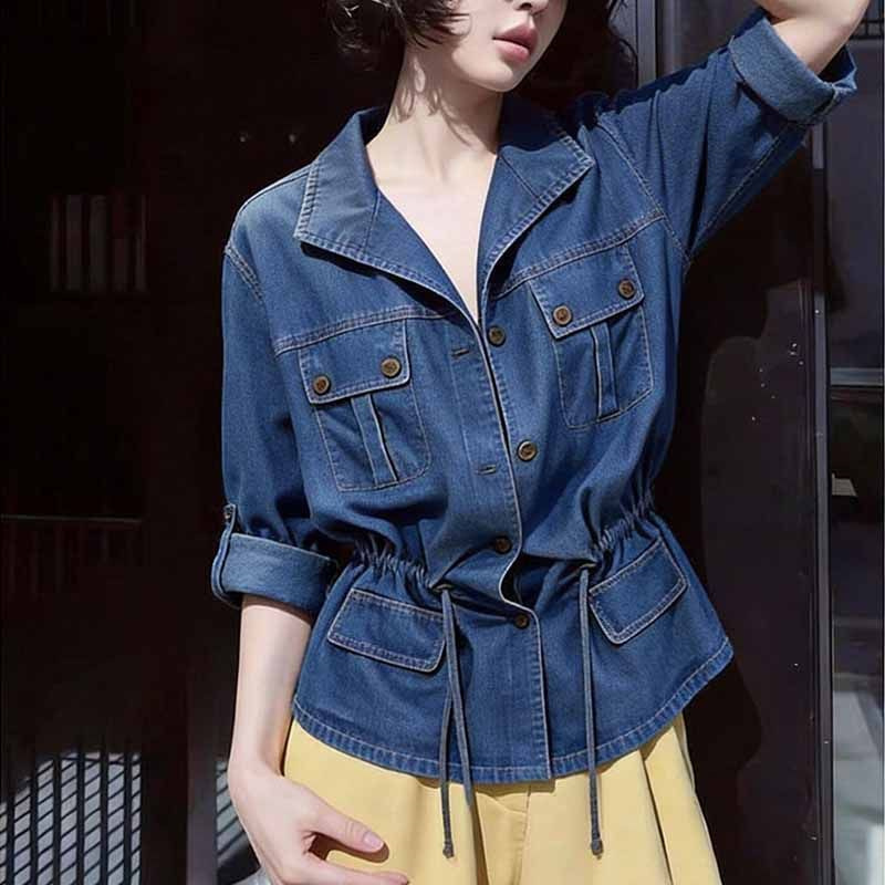 Women'S Fashion Denim Jacket - アメリカン香港スタイルデザイン、ラペル付き、ウエストシェイプ、長袖デニムシャツ、レディース、2026年新作春秋カウボーイシャツジャケット