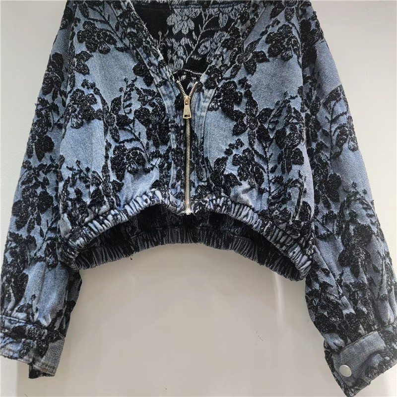 Women'S Fashion Denim Jacket - ファッションジャカードショートデニムジャケット女性ルーズ V ネックジッパー長袖 2026 春秋女性ジーンズジャケットチャケータ Mujer