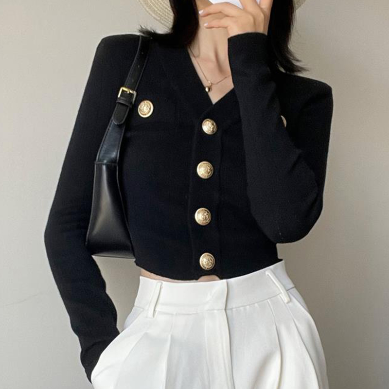 Women'S Fashion From The 90S - ゴールドボタンフロントニットカーディガン女性長袖クロップセータージャケットフィットトップ十代の女の子秋冬ヴィンテージ 90 年代衣装