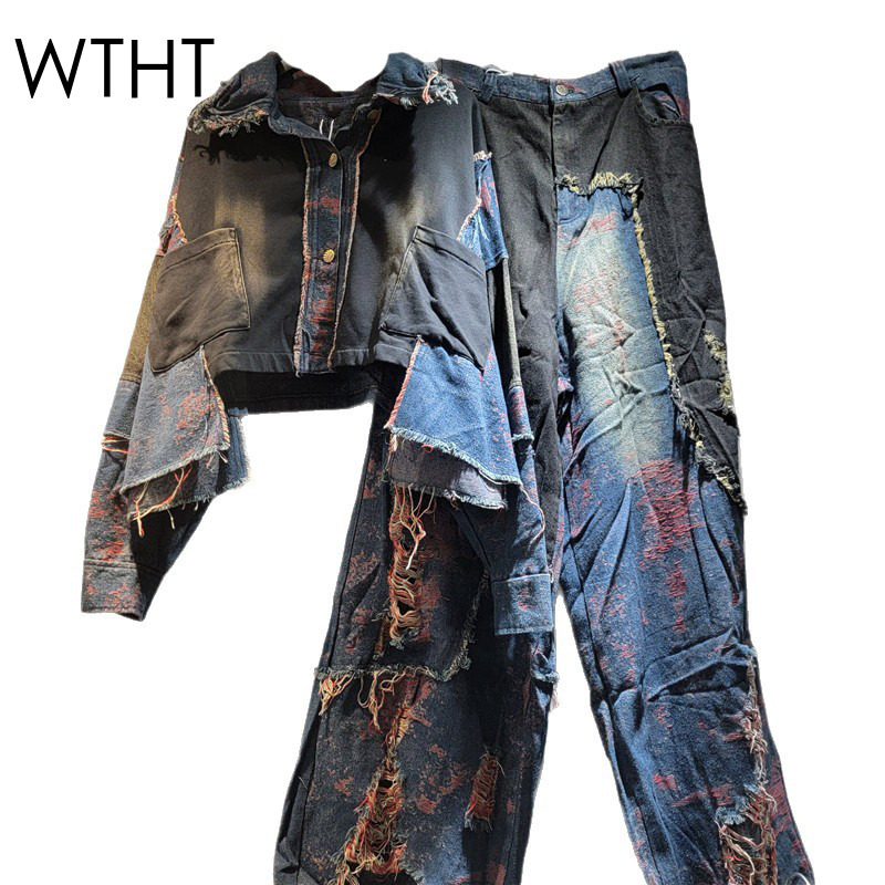 Women'S Fashion Denim Jacket - WTHT 新ファッション女性のパッチワークウォッシュラペル長袖デニムジャケットハイウエストストレートジーンズ女性 2025 秋 1LS2310