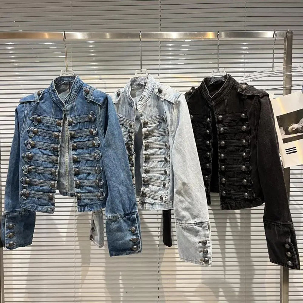 Women'S Fashion Denim Jacket - 女性用メタルリブデニムジャケット,ボタン付きショートスリムコート,アウター,ウォッシュドウェア,春秋ファッション,2020