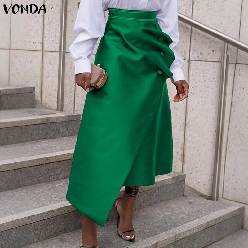 Pleated Skirt Women - VONDA プラスサイズ 5XL エレガントな女性のサテンスカートハイウエストボタンプリーツ非対称マキシジュープファッション固体ロングファルダスサイア
