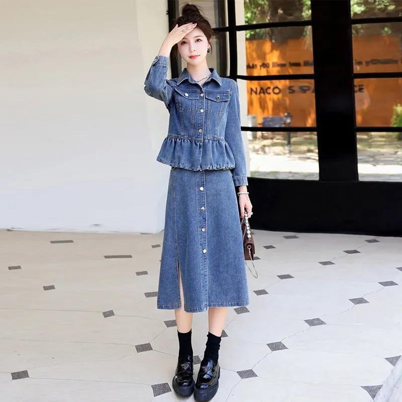 Women'S Fashion Denim Jacket - 女性のデニムジャケットとジーンズのスカート,2ピースのスーツ,青,花,ファッショナブル,韓国,春,秋,2024