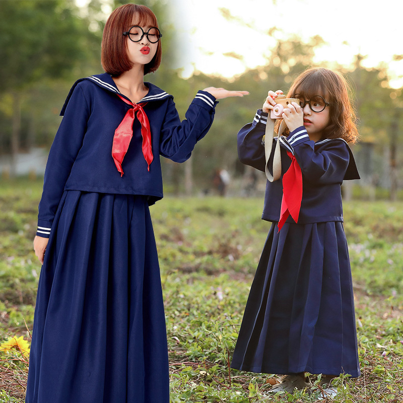 Pleated Skirt Women - こどもの日 日本の学校スタイル ディープブルー 長袖プリーツスカート 学校での日常着に最適 セーラースタイルの衣装
