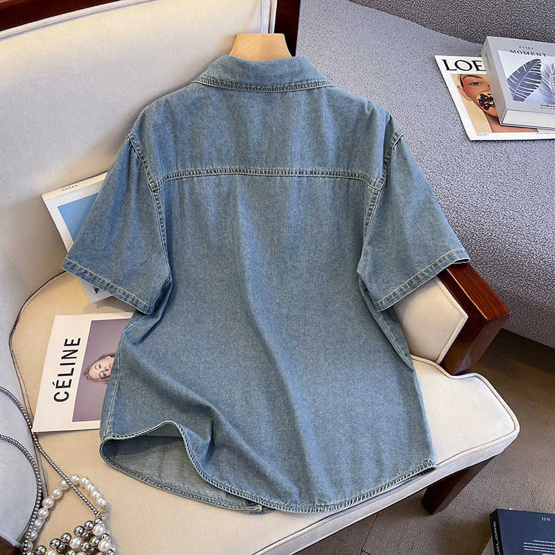 レトロデニムシャツ女性の夏のラペルシングルブレスト半袖ジャケ - Women'S Fashion Denim Jacket のレビューと価格