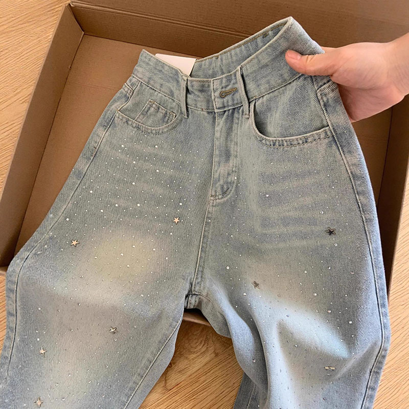 エレガントなライトブルーのビーズ付きストレートデニムパンツ、 - Mom Jeans Women のレビューと価格