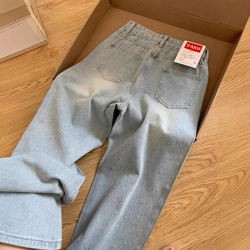 エレガントなライトブルーのビーズ付きストレートデニムパンツ、 - Mom Jeans Women のレビューと価格