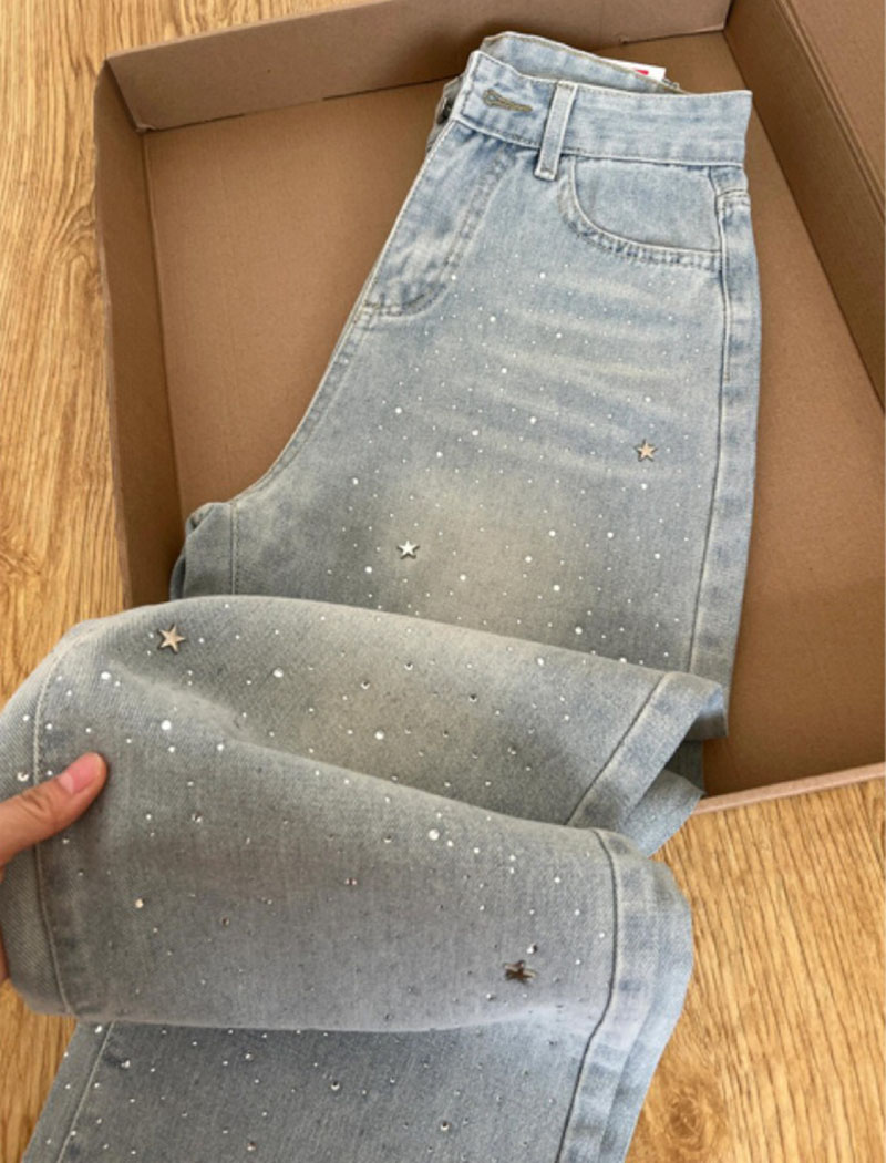 エレガントなライトブルーのビーズ付きストレートデニムパンツ、 - Mom Jeans Women のレビューと価格