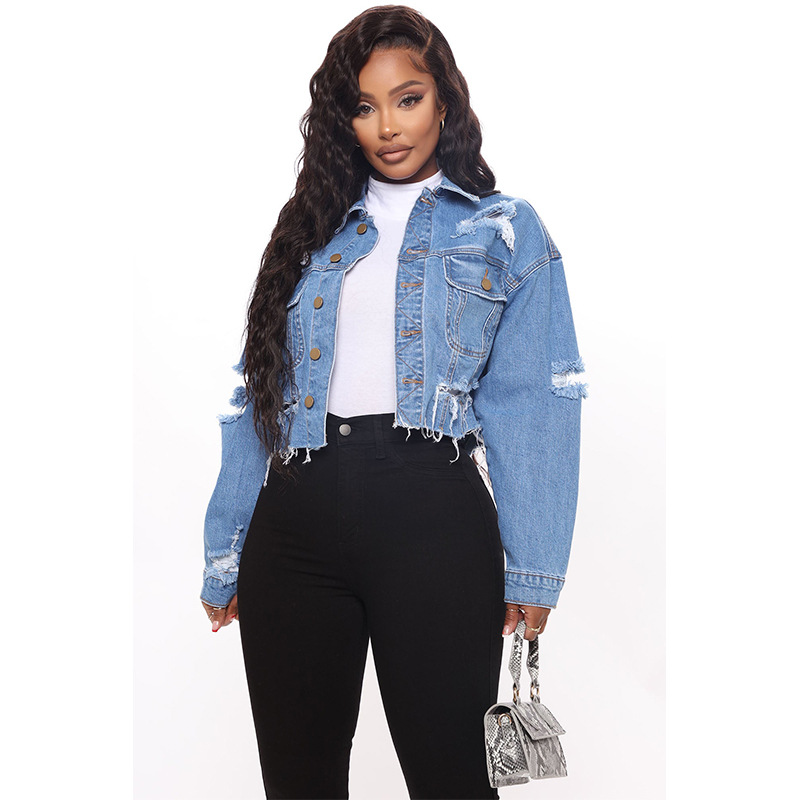ウォッシュド加工のリップドデニムショートジャケット。 春と秋 - Women'S Fashion Denim Jacket のレビューと価格