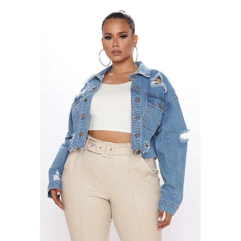 ウォッシュド加工のリップドデニムショートジャケット。 春と秋 - Women'S Fashion Denim Jacket のレビューと価格