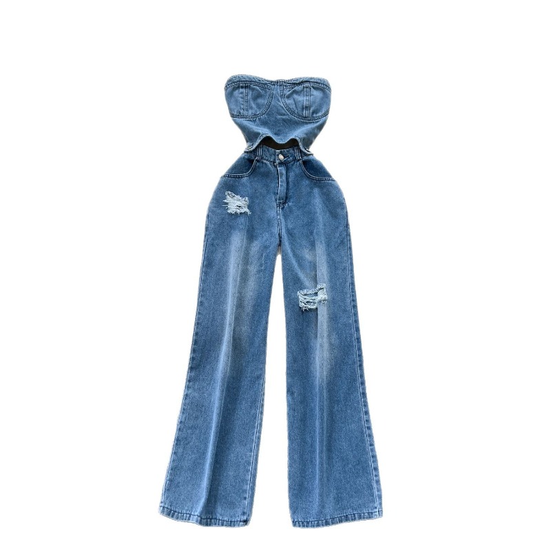 デニムジャンプスーツ レディース ワンピース ストラップレス - Mom Jeans Women のレビューと価格