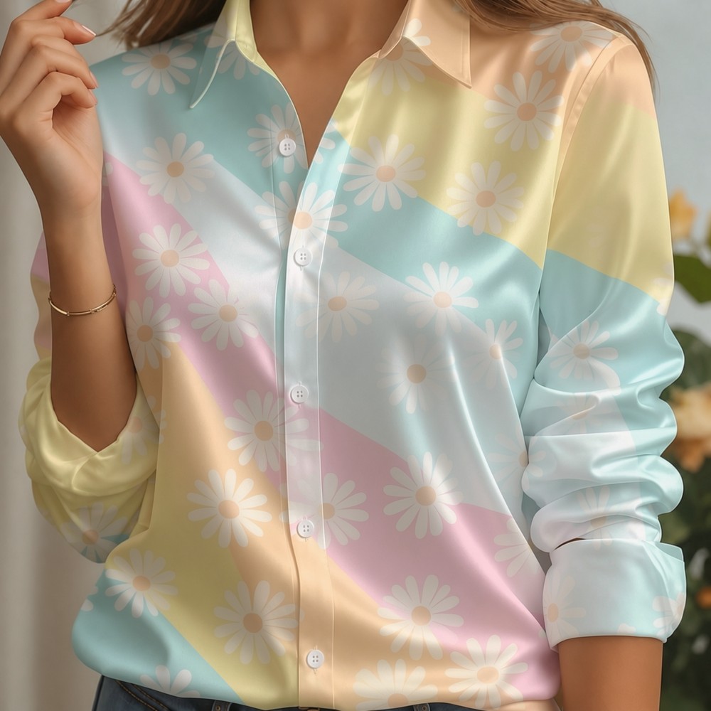 女性用サテンラペルカラーシャツ、パステルストライププリント、 - Women'S Fashion Day のレビューと価格