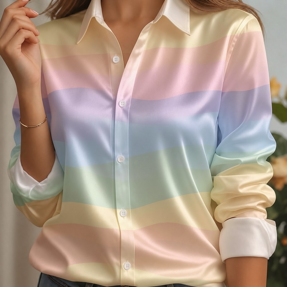 女性用サテンラペルカラーシャツ、パステルストライププリント、 - Women'S Fashion Day のレビューと価格