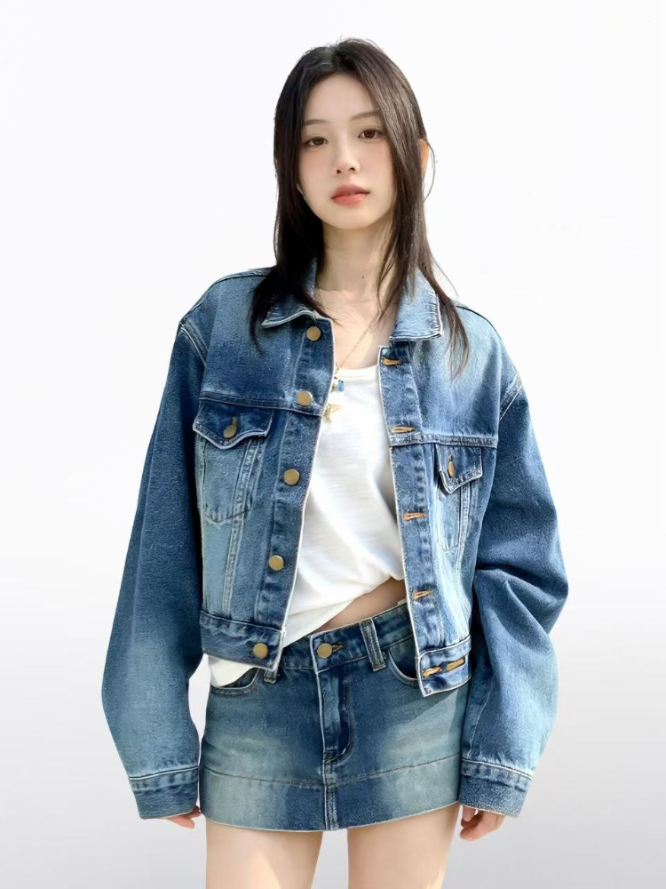 女性用アメリカンヴィンテージ2ピースデニムセット Y2Kデニ - Women'S Fashion Denim Jacket のレビューと価格