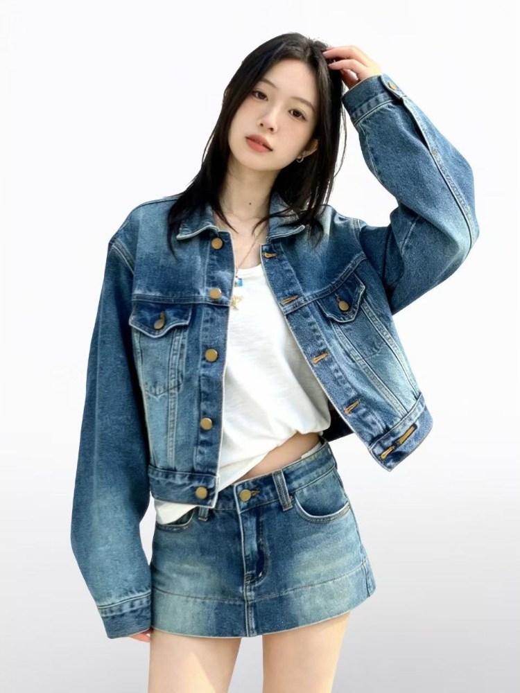 女性用アメリカンヴィンテージ2ピースデニムセット Y2Kデニ - Women'S Fashion Denim Jacket のレビューと価格