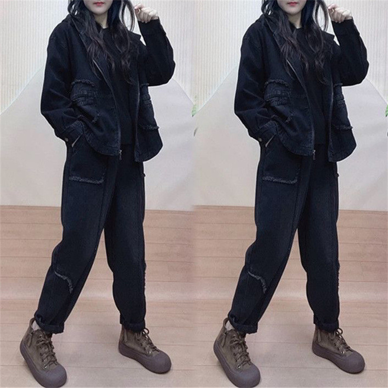 女性のためのフード付きデニムジャケットスーツ,ツーピースセッ - Women'S Fashion Denim Jacket のレビューと価格