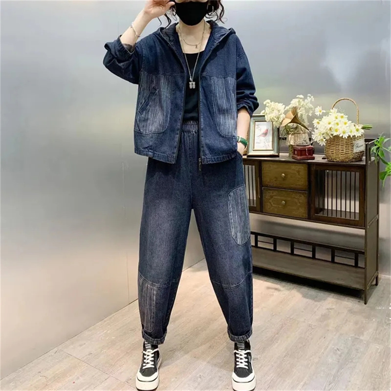 女性のためのフード付きデニムジャケットスーツ,ツーピースセッ - Women'S Fashion Denim Jacket のレビューと価格