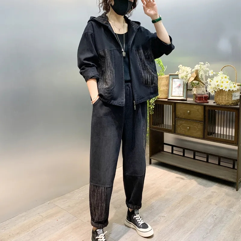 女性のためのフード付きデニムジャケットスーツ,ツーピースセッ - Women'S Fashion Denim Jacket のレビューと価格