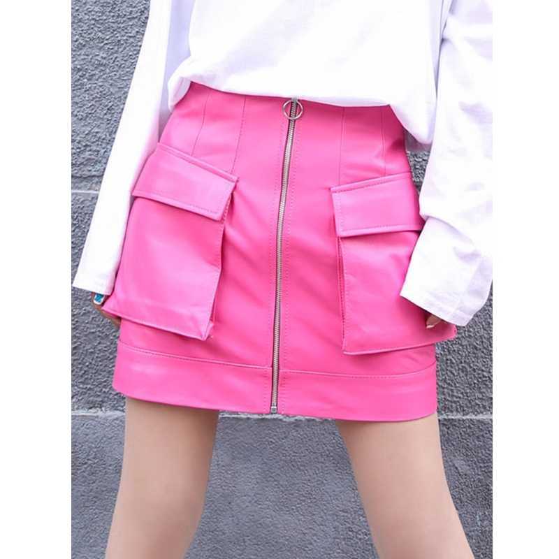 女性用ピンク本革シープスキンショートスカート、aラインジッパ - Women'S Real Y2K Fashion のレビューと価格