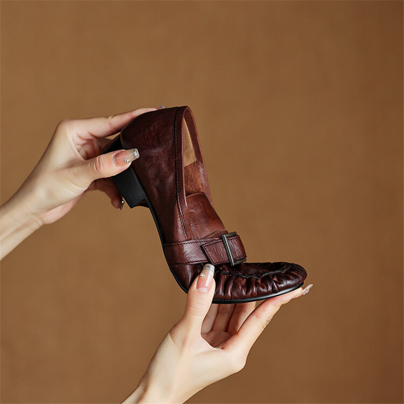 女性用本革モカシン,丸いつま先の靴,プリーツパンプス,厚手の - Women'S Fashion Day のレビューと価格