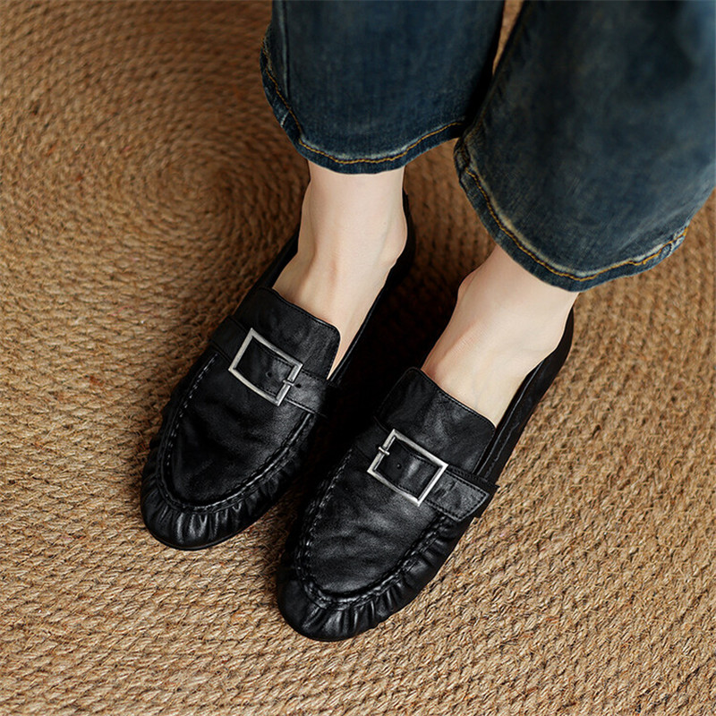 女性用本革モカシン,丸いつま先の靴,プリーツパンプス,厚手の - Women'S Fashion Day のレビューと価格