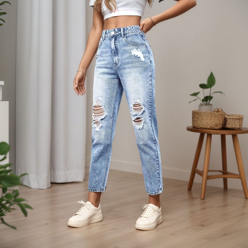 レディース スリムフィット ジーンズ ダメージ加工 カジュア - Mom Jeans Women のレビューと価格