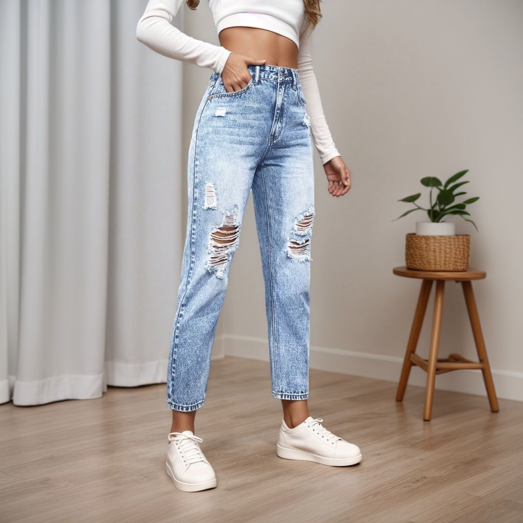 レディース スリムフィット ジーンズ ダメージ加工 カジュア - Mom Jeans Women のレビューと価格