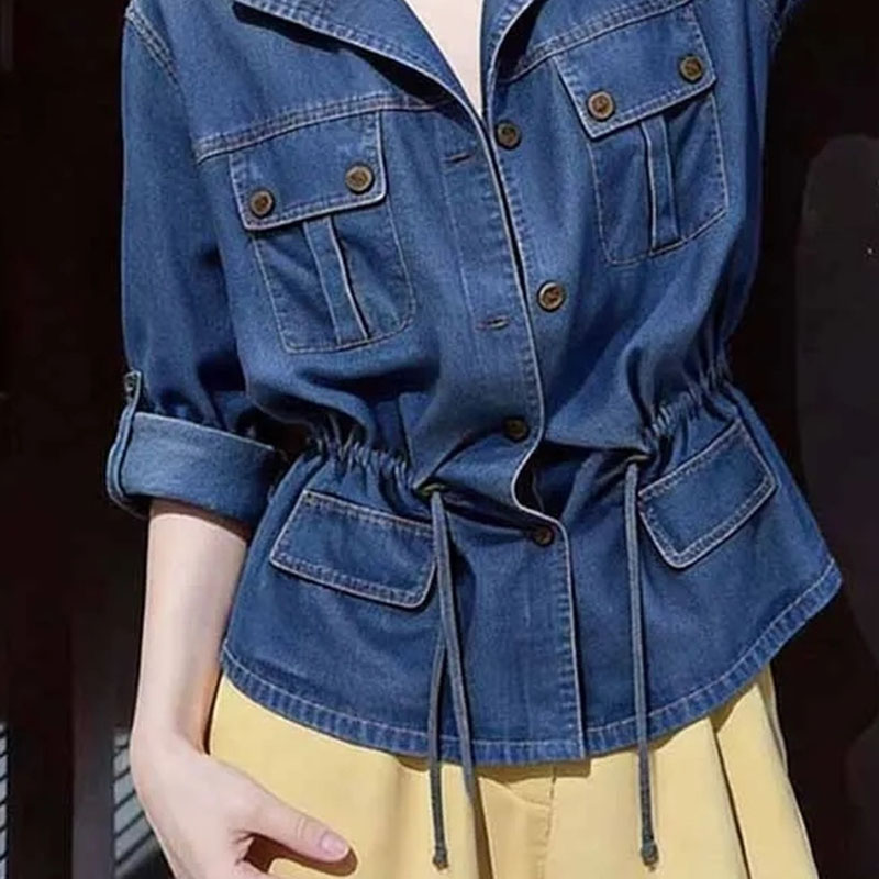 アメリカン香港スタイルデザイン、ラペル付き、ウエストシェイプ - Women'S Fashion Denim Jacket のレビューと価格