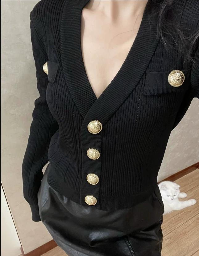 ゴールドボタンフロントニットカーディガン女性長袖クロップセー - Women'S Fashion From The 90S のレビューと価格