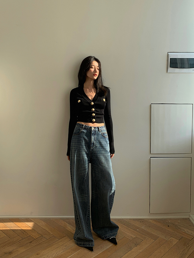 ゴールドボタンフロントニットカーディガン女性長袖クロップセー - Women'S Fashion From The 90S のレビューと価格