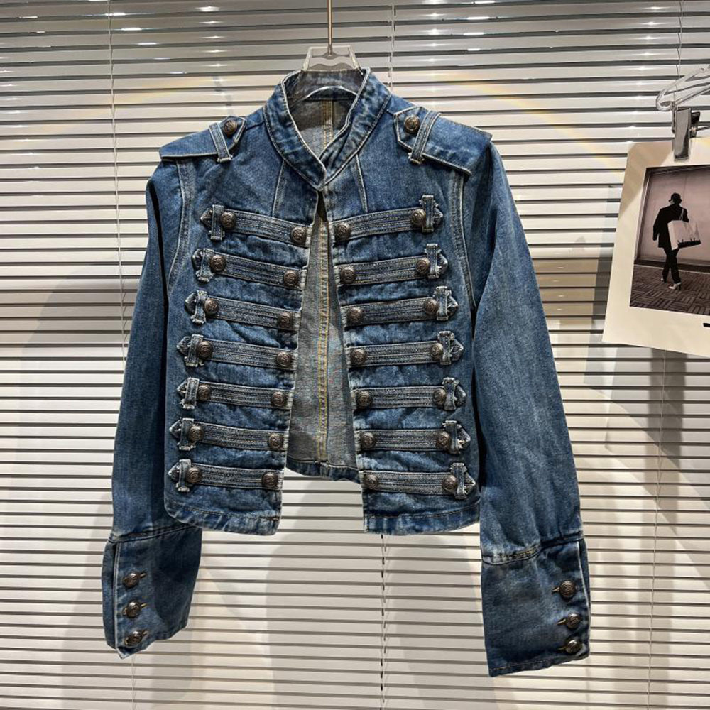 女性用メタルリブデニムジャケット,ボタン付きショートスリムコ - Women'S Fashion Denim Jacket のレビューと価格