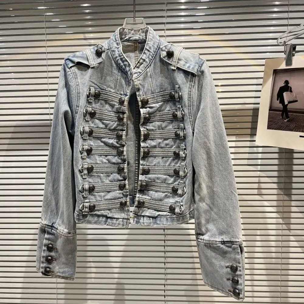 女性用メタルリブデニムジャケット,ボタン付きショートスリムコ - Women'S Fashion Denim Jacket のレビューと価格