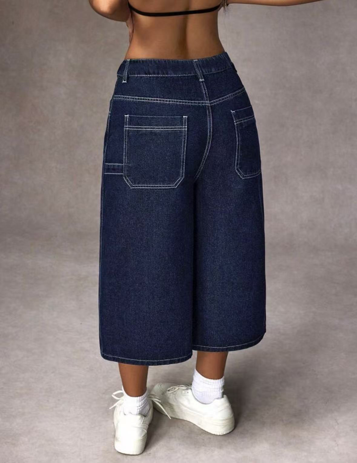 レトロダークブルー調節可能なバックル付きカプリジーンズ - Mom Jeans Women のレビューと価格