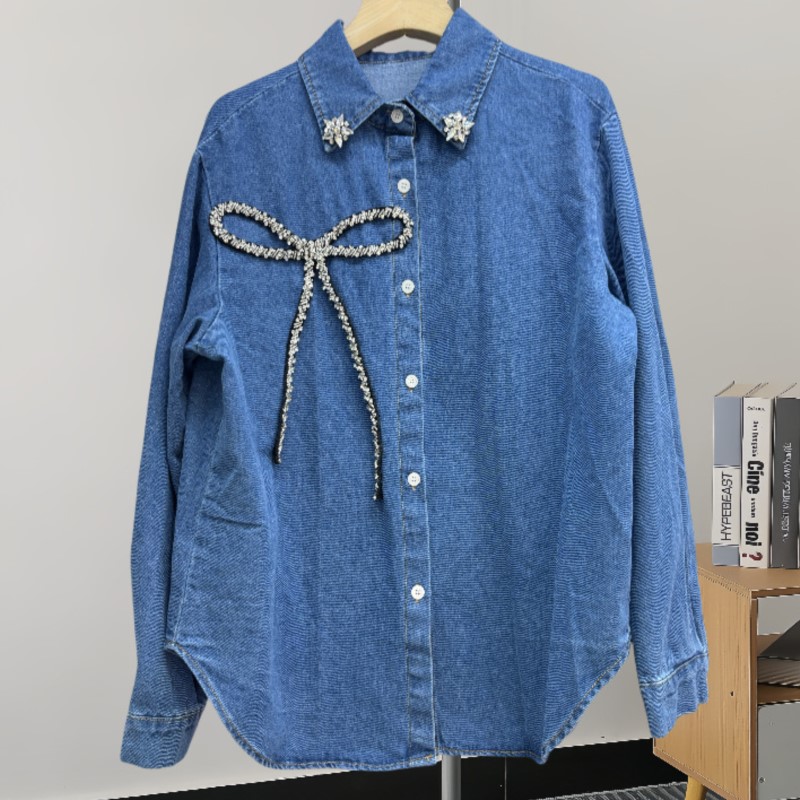 ファッショントップスラインストーンボウデニムシャツ女性の春と - Women'S Fashion Denim Jacket のレビューと価格