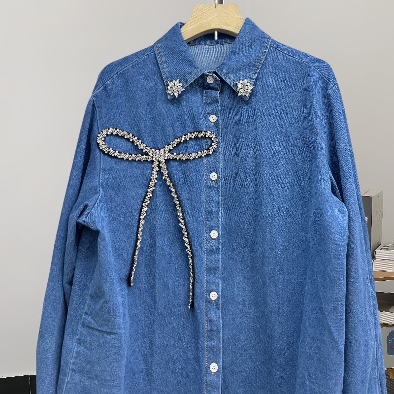 ファッショントップスラインストーンボウデニムシャツ女性の春と - Women'S Fashion Denim Jacket のレビューと価格