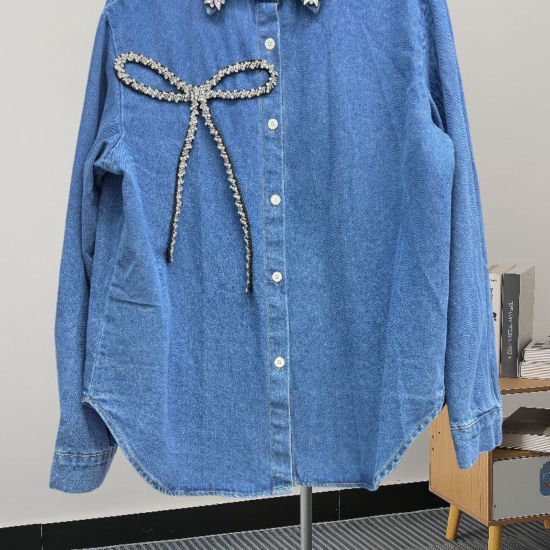 ファッショントップスラインストーンボウデニムシャツ女性の春と - Women'S Fashion Denim Jacket のレビューと価格