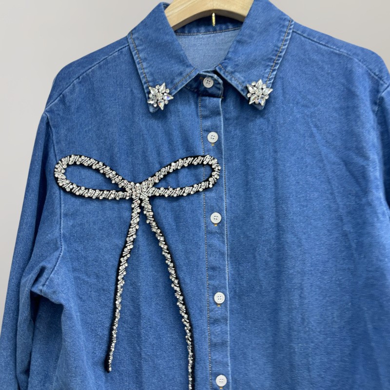 ファッショントップスラインストーンボウデニムシャツ女性の春と - Women'S Fashion Denim Jacket のレビューと価格
